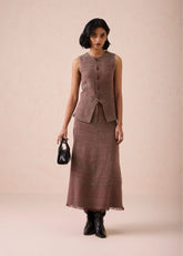 A Model Wearing Brown Handwoven Cotton The Hazel Sun Handspun Handwoven Organic Cotton Midi Skirt, curated by Only Ethikal